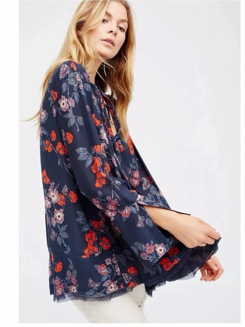 Free People So Fine Floral Smocked Crepe Top - Sz Large
